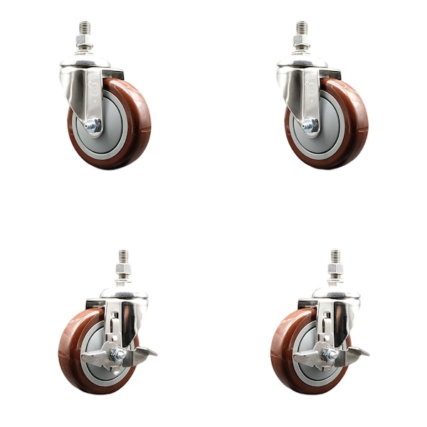Service Caster 4 Inch 316SS Maroon Polyurethane 3/8 Inch Threaded Stem Caster Brakes SCC, 2PK SS316TS20S414-PPUB-MRN-381615-2-TLB2 - main